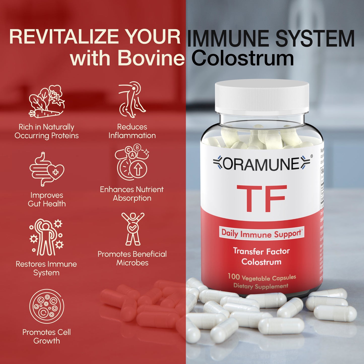 TF Immune Support Supplement with Transfer Factor and Pure Colostrum, Bovine Colostrum Capsules, Immunity Supplement, 100 Capsules