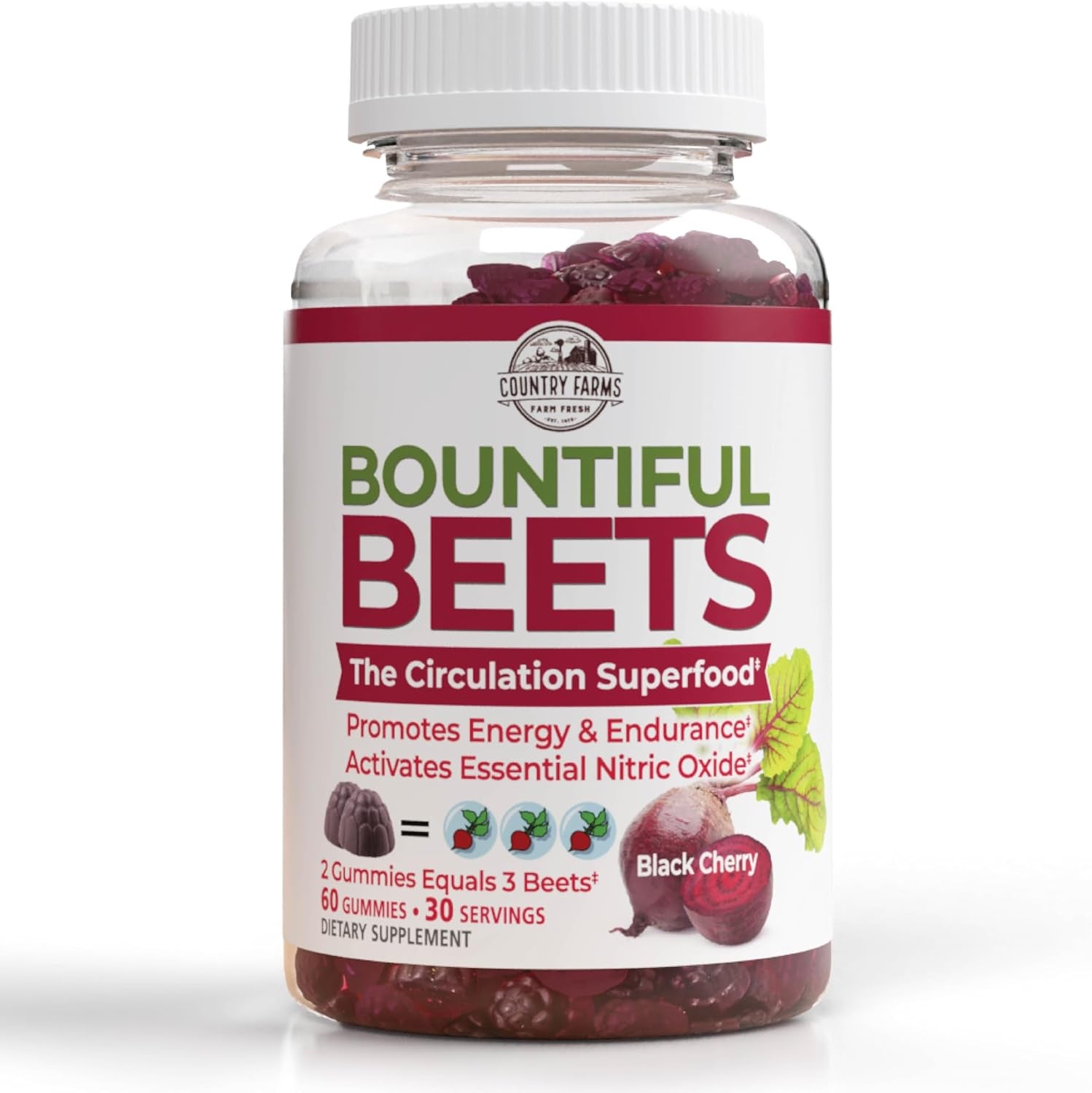 Bountiful Beets Gummies, Circulation Superfood, Promotes Energy and Endurance, Nitric Oxide Booster, 30 Servings, White, 60 Count