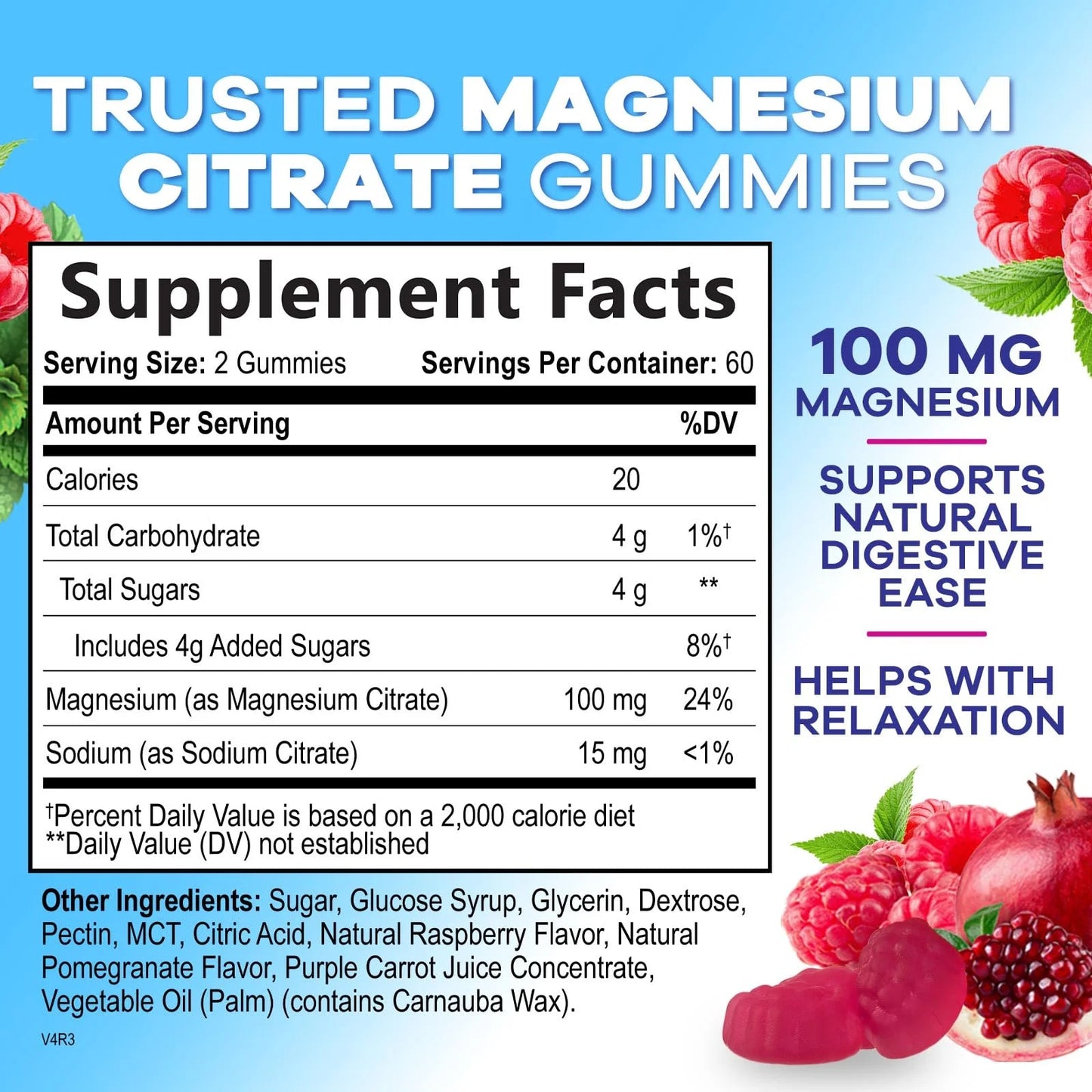 Magnesium Citrate Gummy Supplement, Improved Vegan Formula - High Absorption Magnesium Gummies for Adults & Kids - Mag Citrate Gummy Supplements - Delicious Raspberry Pomegranate Flavor - 120 Gummies