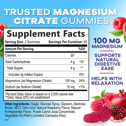 Magnesium Citrate Gummy Supplement, Improved Vegan Formula - High Absorption Magnesium Gummies for Adults & Kids - Mag Citrate Gummy Supplements - Delicious Raspberry Pomegranate Flavor - 120 Gummies
