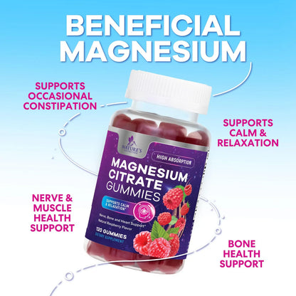 Magnesium Citrate Gummy Supplement, Improved Vegan Formula - High Absorption Magnesium Gummies for Adults & Kids - Mag Citrate Gummy Supplements - Delicious Raspberry Pomegranate Flavor - 120 Gummies