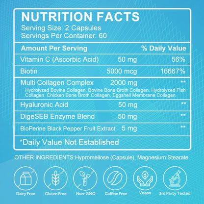 Collagen Peptides Capsules - Hydrolyzed Collagen Supplements for Women or Men - 60 Capsules for Hair, Skin, Nail & Joint Health