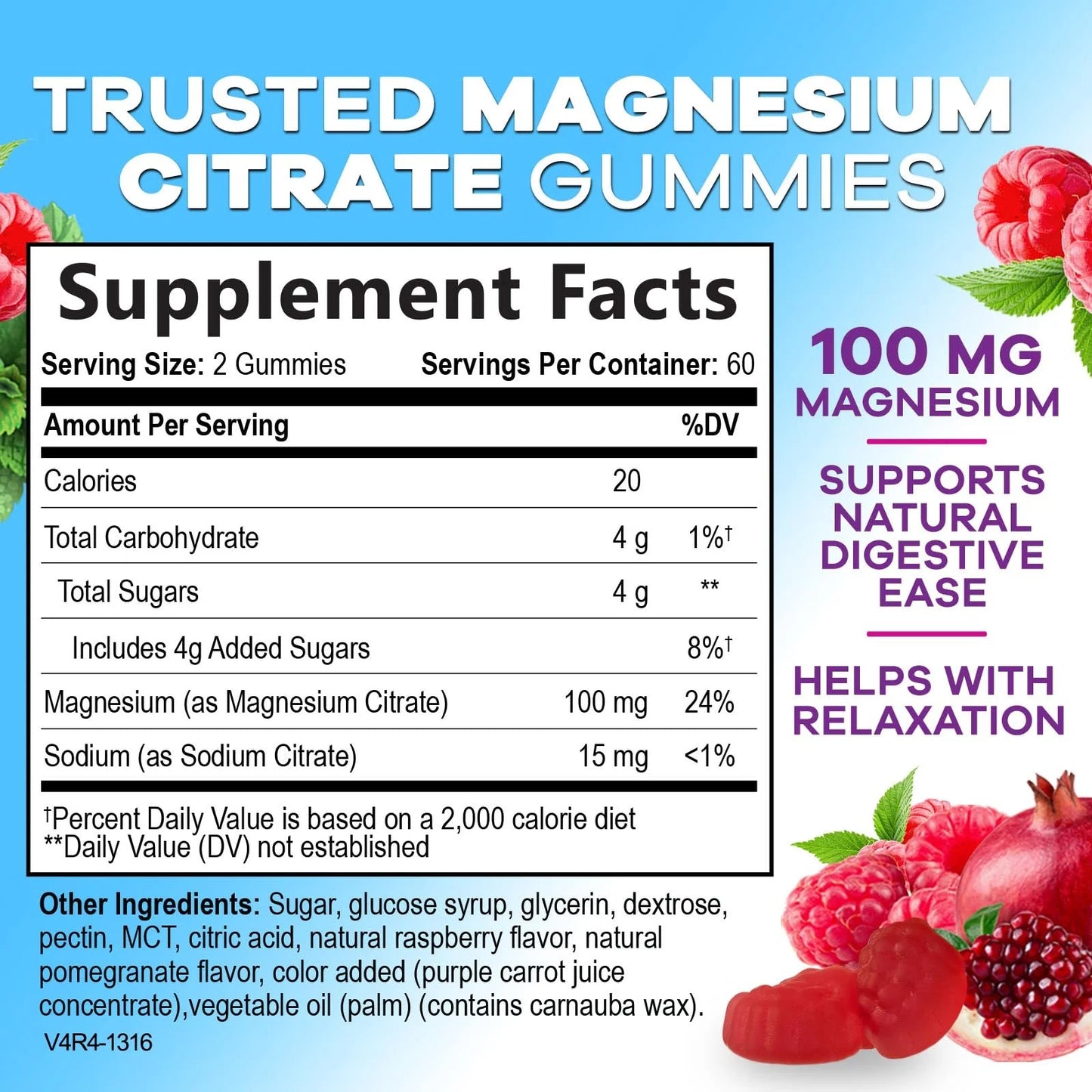Magnesium Citrate Gummy Supplement, Improved Vegan Formula - High Absorption Magnesium Gummies for Adults & Kids - Mag Citrate Gummy Supplements - Delicious Raspberry Pomegranate Flavor - 120 Gummies