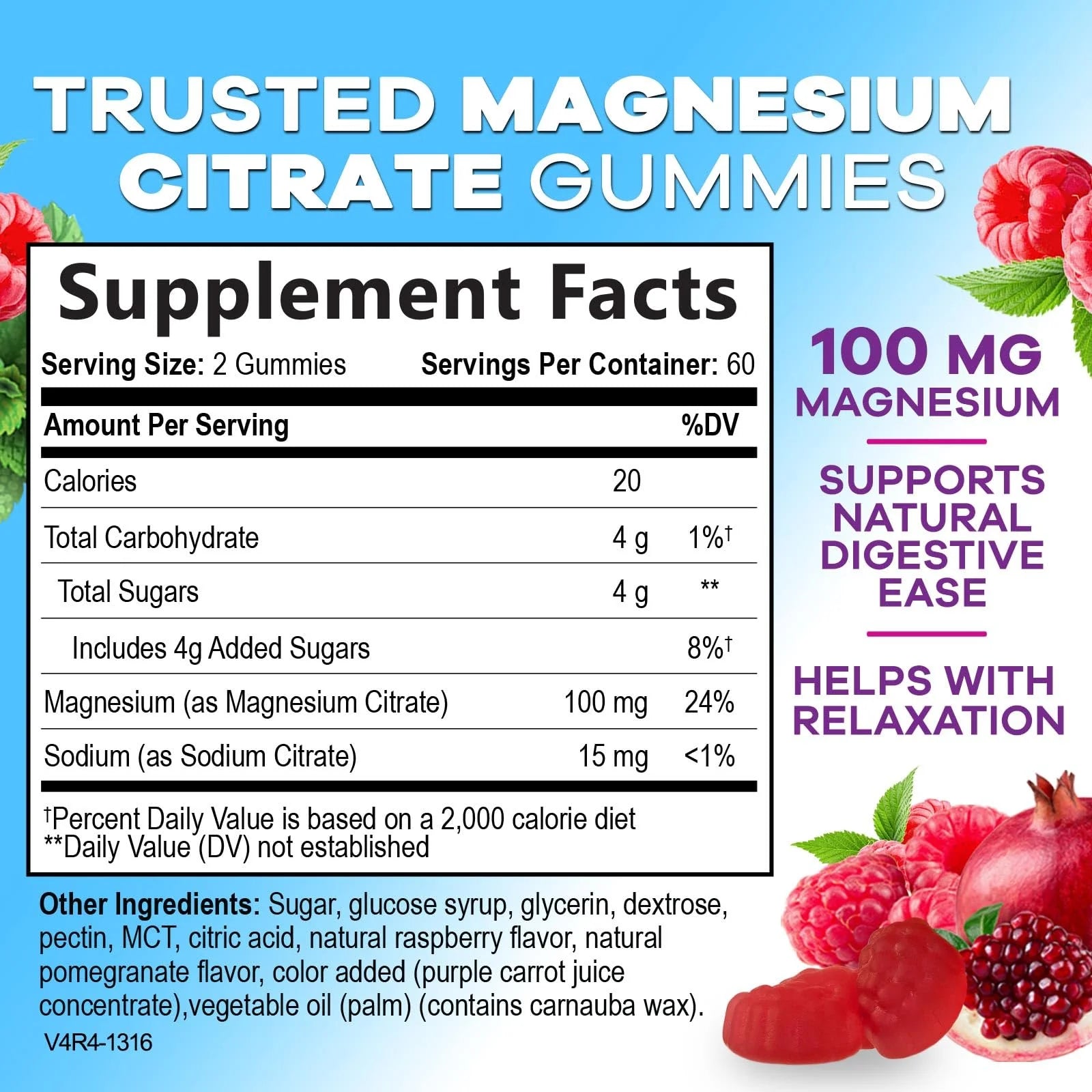 Magnesium Citrate Gummy Supplement, Improved Vegan Formula - High Absorption Magnesium Gummies for Adults & Kids - Mag Citrate Gummy Supplements - Delicious Raspberry Pomegranate Flavor - 120 Gummies