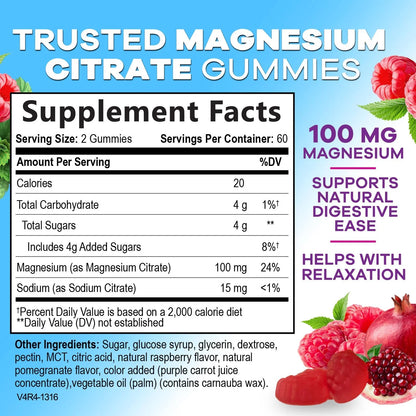 Magnesium Citrate Gummy Supplement, Improved Vegan Formula - High Absorption Magnesium Gummies for Adults & Kids - Mag Citrate Gummy Supplements - Delicious Raspberry Pomegranate Flavor - 120 Gummies