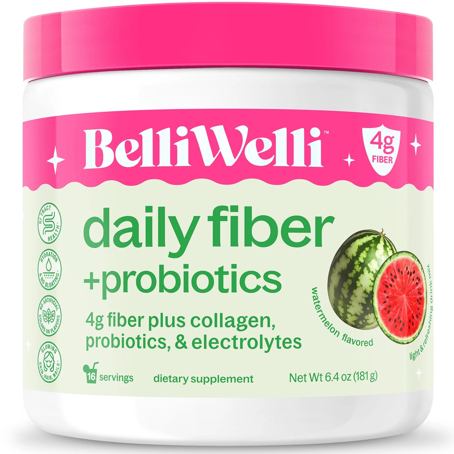 Daily Fiber Supplement with Probiotics, Electrolytes, and Collagen - Watermelon, 6.4 Oz