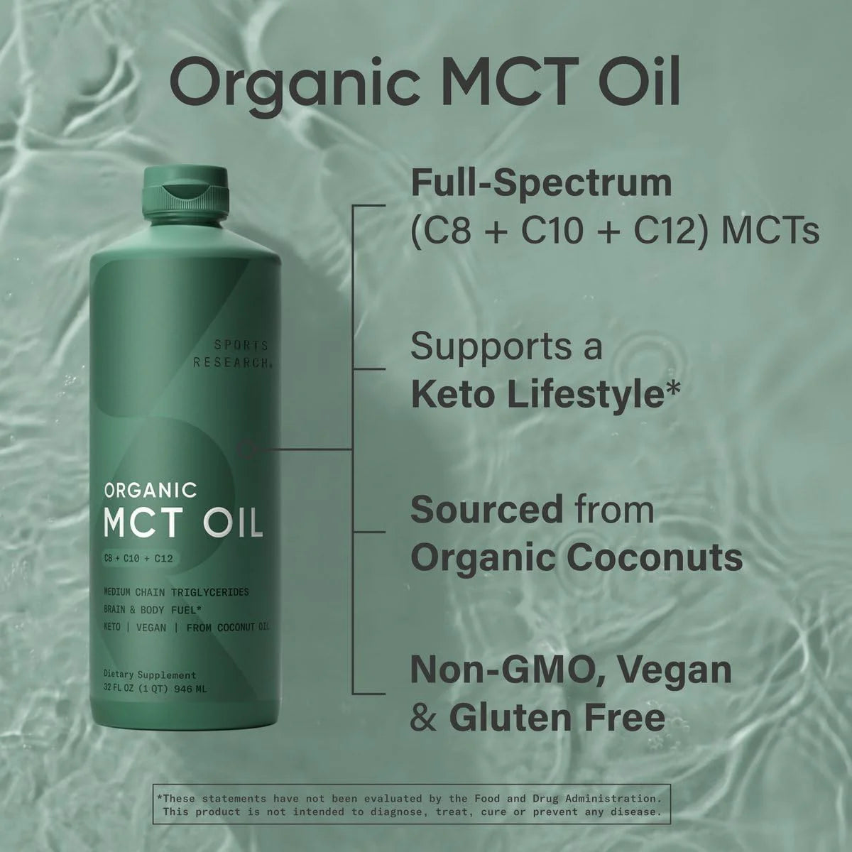 Sports Research Organic MCT Oil - Keto & Vegan Mcts C8, C10, C12 from Coconuts - Fatty Acid Brain & Body Fuel, Non-Gmo & Gluten Free - Flavorless Oil, Perfect in Coffee, Tea & Protein Shakes - 32 Oz