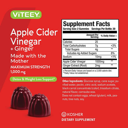 Apple Cider Vinegar Gummies with Ginger, Gut Cleanse Dietary Supplements, Apple Flavor, 60 Ct