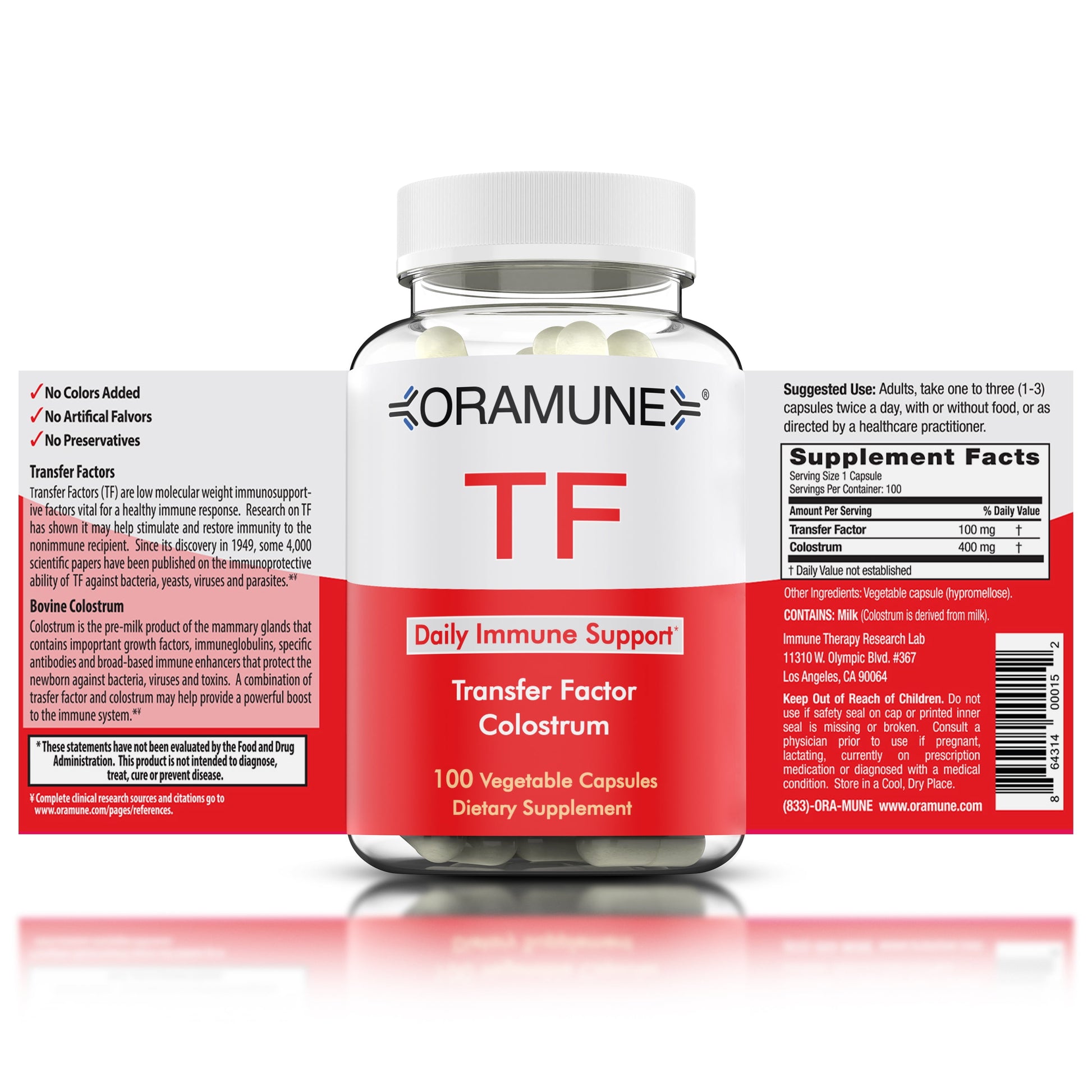 TF Immune Support Supplement with Transfer Factor and Pure Colostrum, Bovine Colostrum Capsules, Immunity Supplement, 100 Capsules