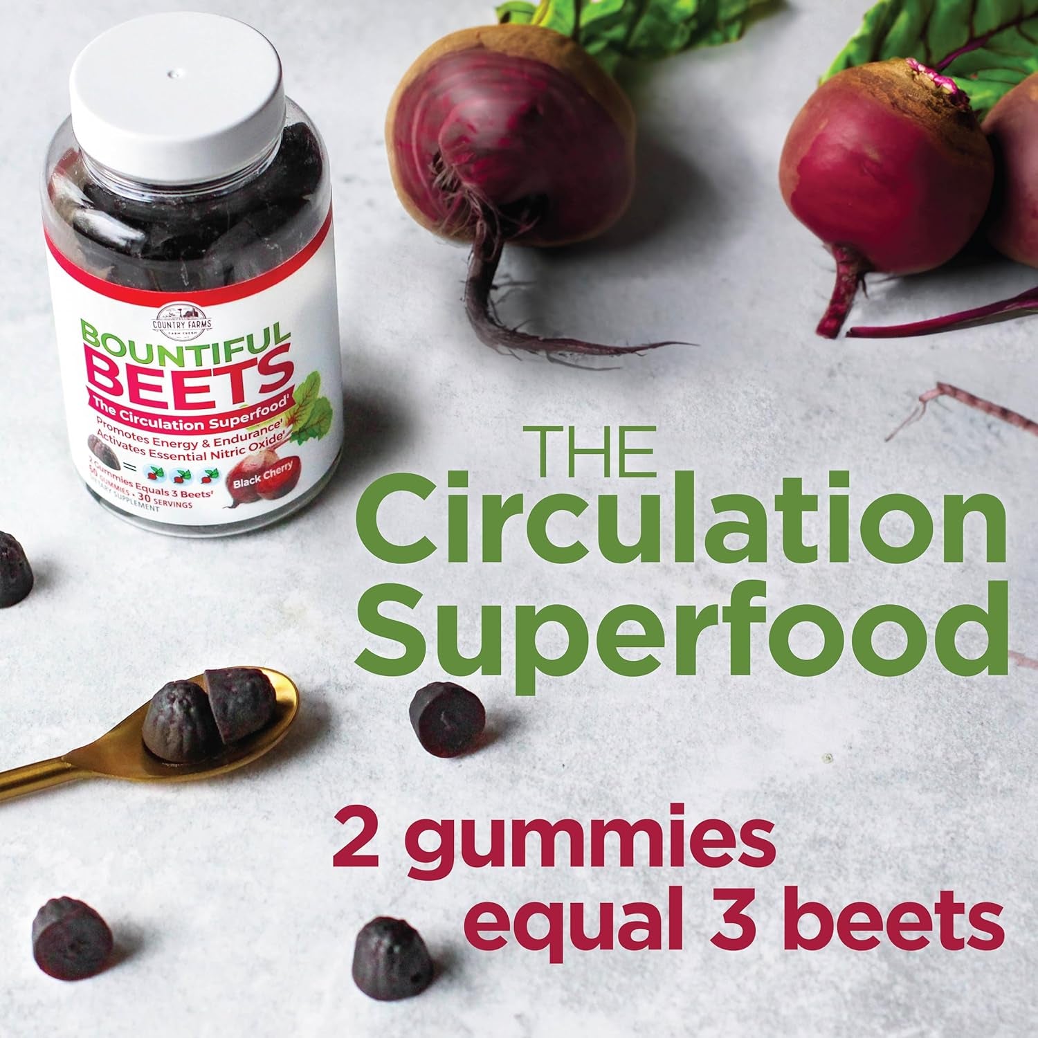 Bountiful Beets Gummies, Circulation Superfood, Promotes Energy and Endurance, Nitric Oxide Booster, 30 Servings, White, 60 Count