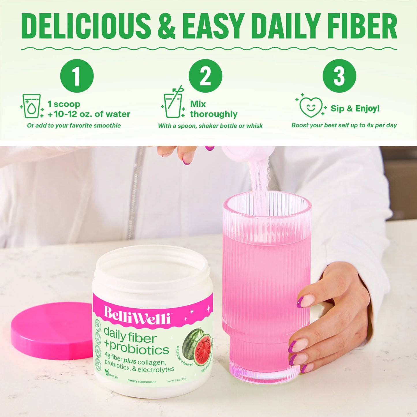 Daily Fiber Supplement with Probiotics, Electrolytes, and Collagen - Watermelon, 6.4 Oz