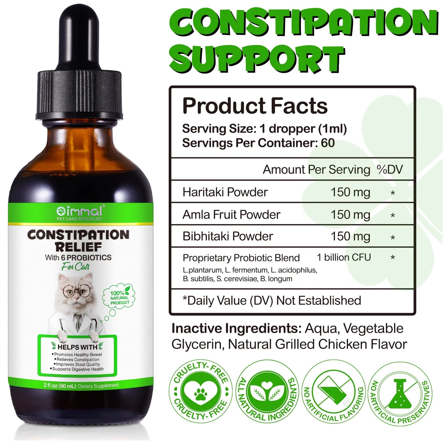 Cat Constipation Relief, Natural Drops with 6 Probiotics to Help Digestion, Cats Constipation Supports, Relief Constipation for Cat - 2 Fl Oz