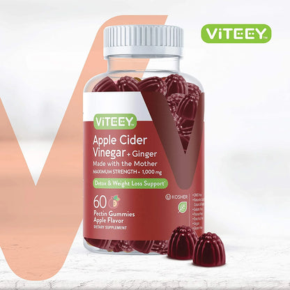Apple Cider Vinegar Gummies with Ginger, Gut Cleanse Dietary Supplements, Apple Flavor, 60 Ct