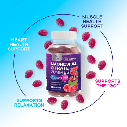 Magnesium Citrate Gummy Supplement, Improved Vegan Formula - High Absorption Magnesium Gummies for Adults & Kids - Mag Citrate Gummy Supplements - Delicious Raspberry Pomegranate Flavor - 120 Gummies