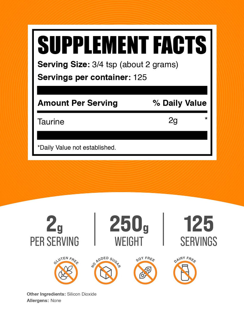 Bulksupplements Taurine Powder - Gluten Free, 2G per Serving - 250 Grams (8.8 Oz) - 125 Servings