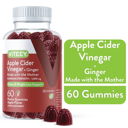 Apple Cider Vinegar Gummies with Ginger, Gut Cleanse Dietary Supplements, Apple Flavor, 60 Ct