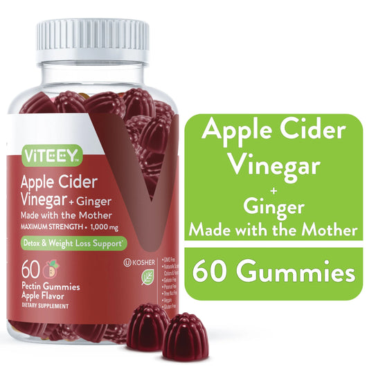 Apple Cider Vinegar Gummies with Ginger, Gut Cleanse Dietary Supplements, Apple Flavor, 60 Ct