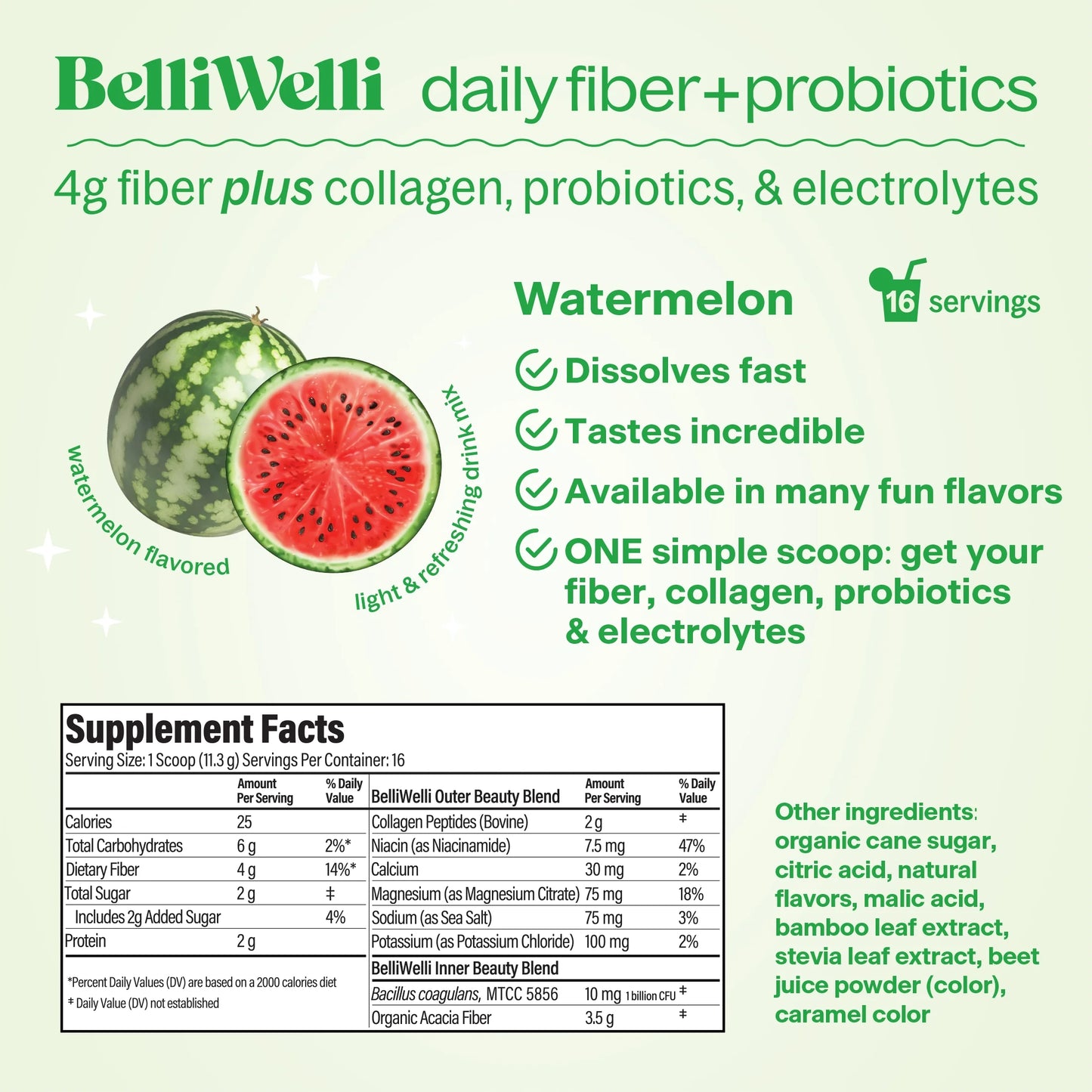 Daily Fiber Supplement with Probiotics, Electrolytes, and Collagen - Watermelon, 6.4 Oz