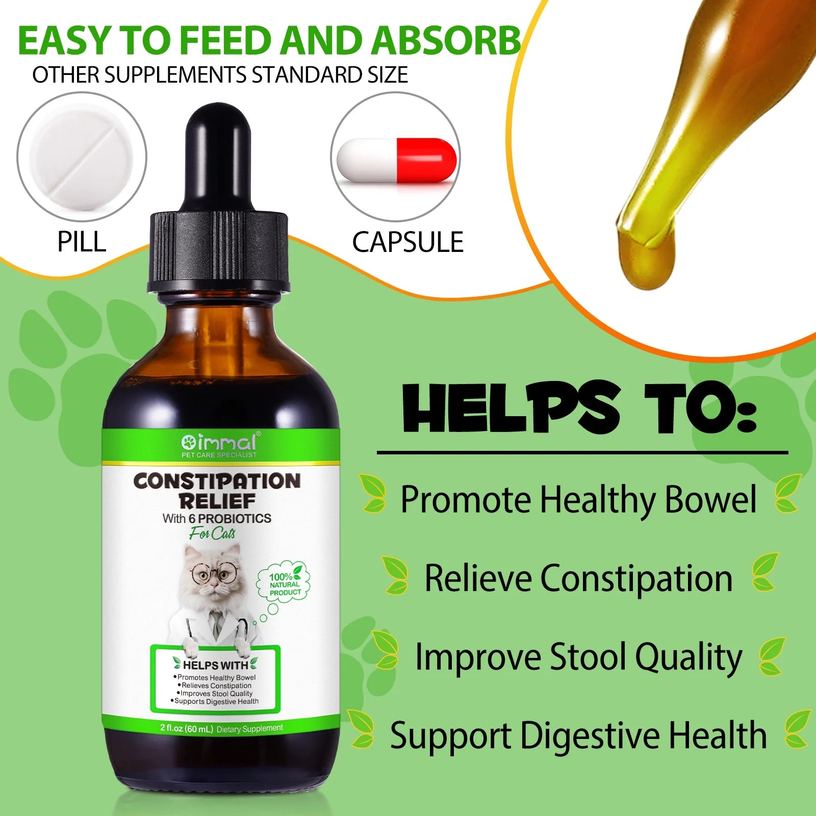 Cat Constipation Relief, Natural Drops with 6 Probiotics to Help Digestion, Cats Constipation Supports, Relief Constipation for Cat - 2 Fl Oz